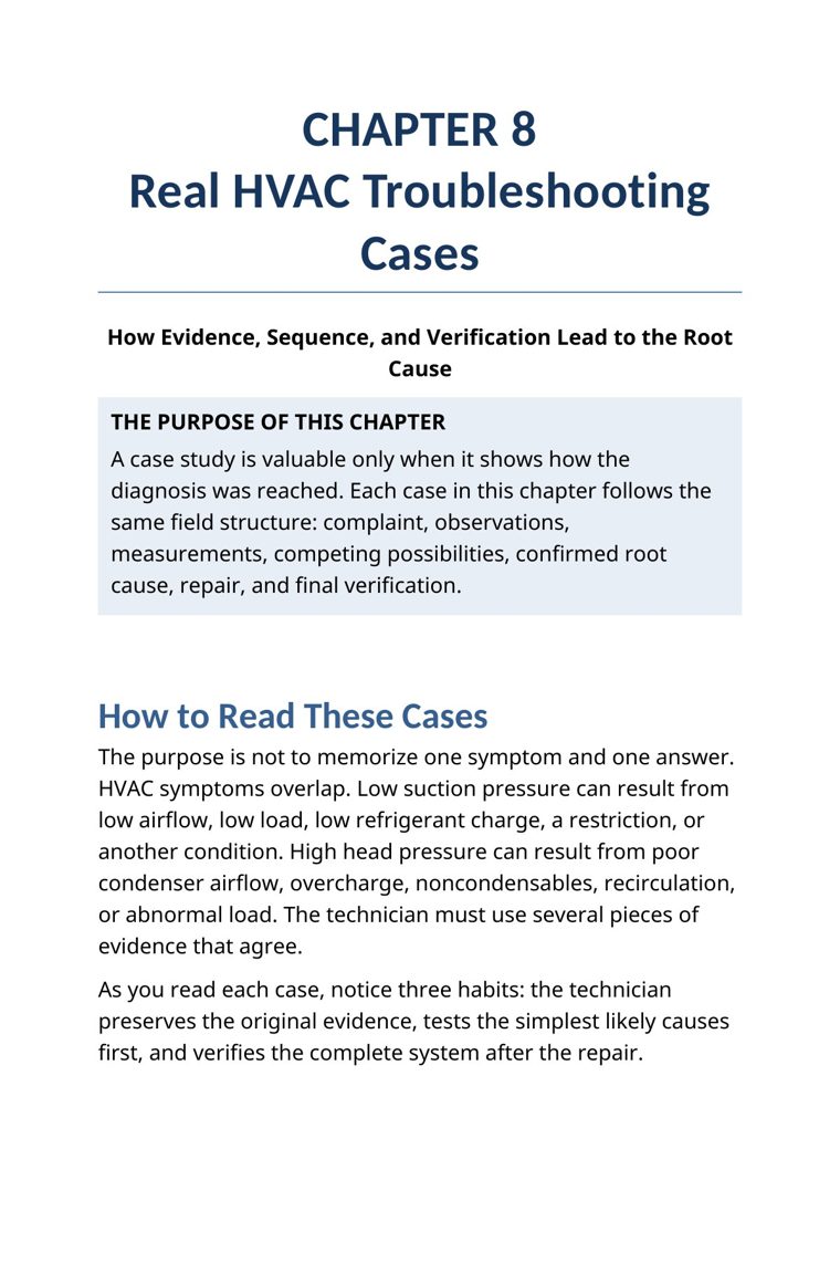 Chapter 8 opening page — real HVAC troubleshooting cases showing how evidence, sequence and verification lead to root cause — from The Complete HVAC Troubleshooting System