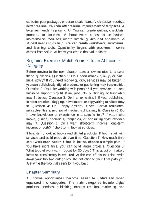 Beginner Exercise: Match Yourself to an AI Income Category · Printed p. 49 · PDF page 49