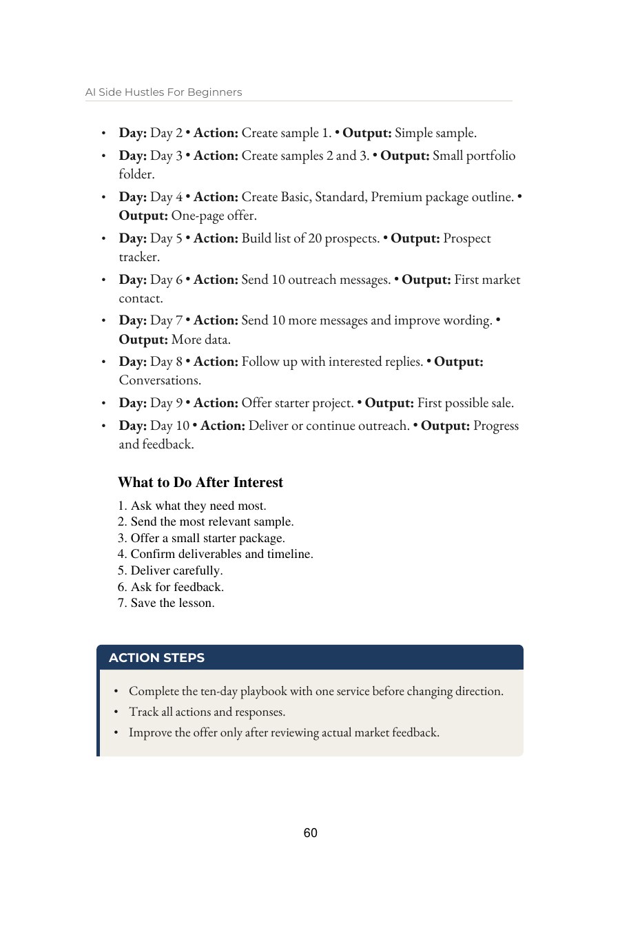 AI Side Hustles for Beginners — interior spread: The 7-day starting plan