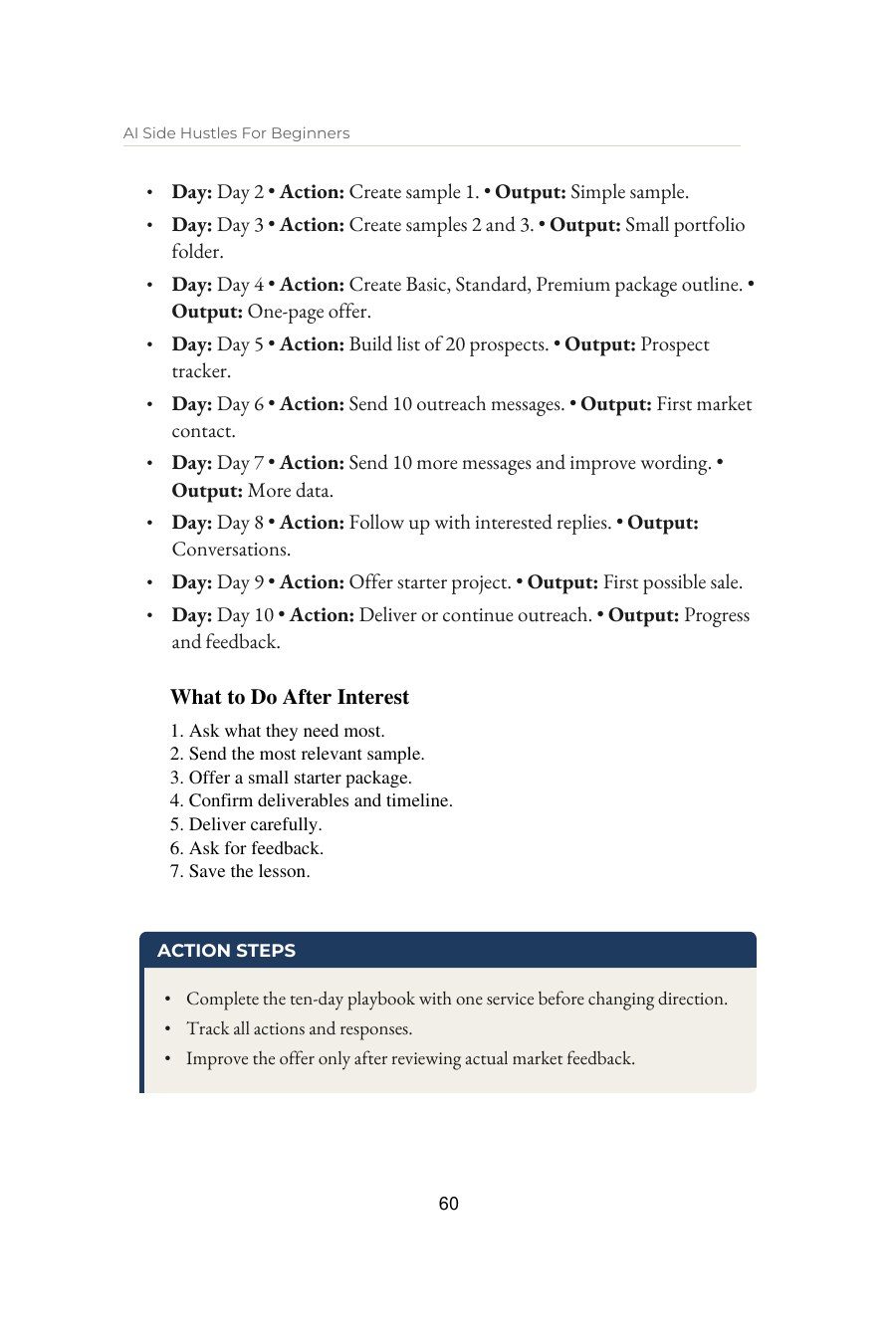 AI Side Hustles for Beginners — interior spread: The 7-day starting plan