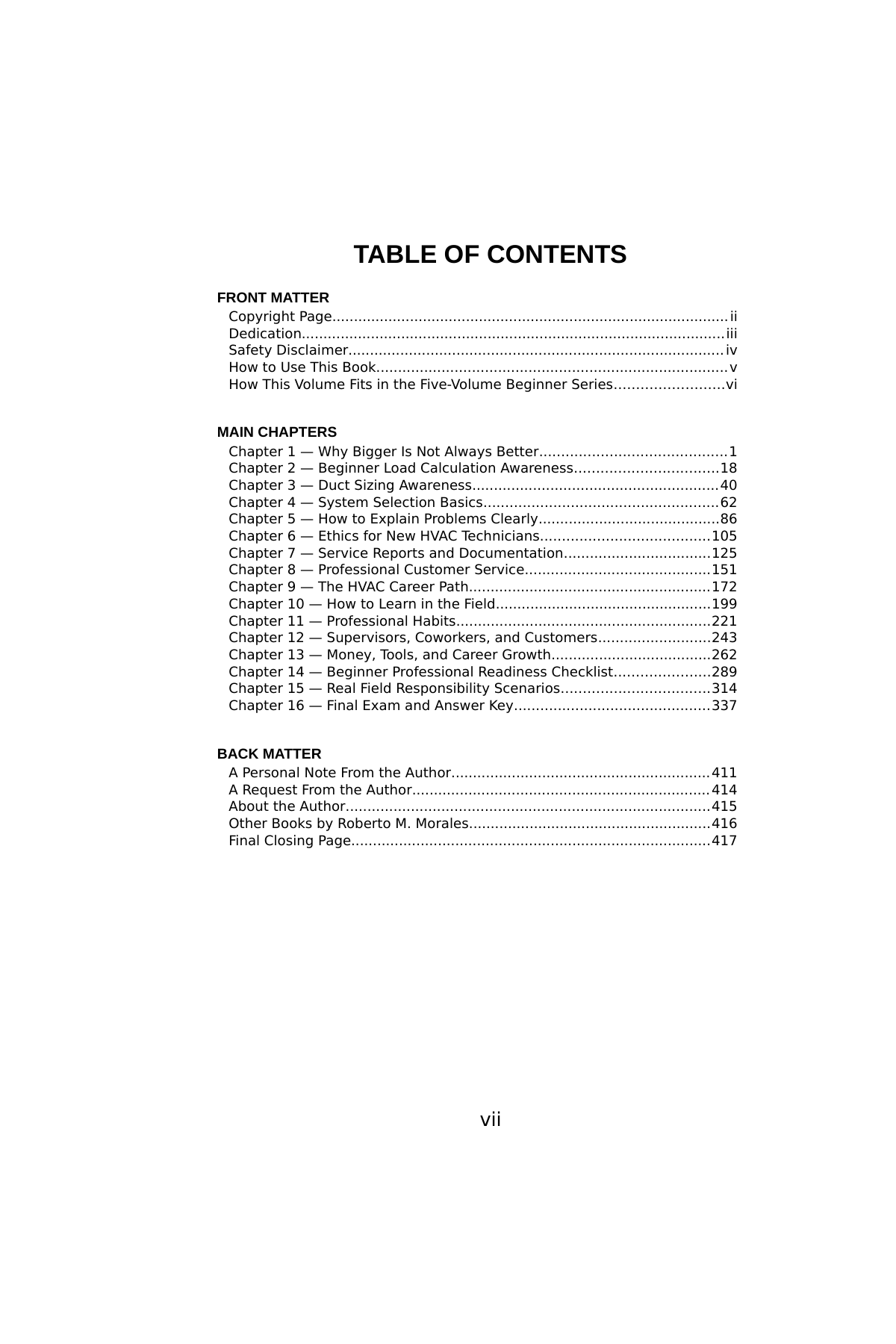 Stop Guessing: HVAC Fundamentals for Beginners — Volume 5 — interior spread: Table of Contents