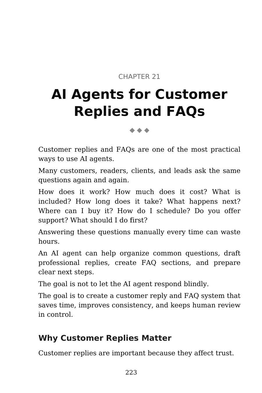 AI Agents for Beginners — interior spread: Customer replies and FAQs
