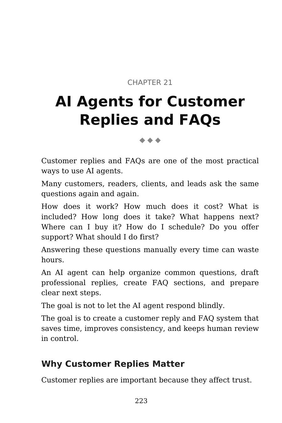 AI Agents for Beginners — interior spread: Customer replies and FAQs