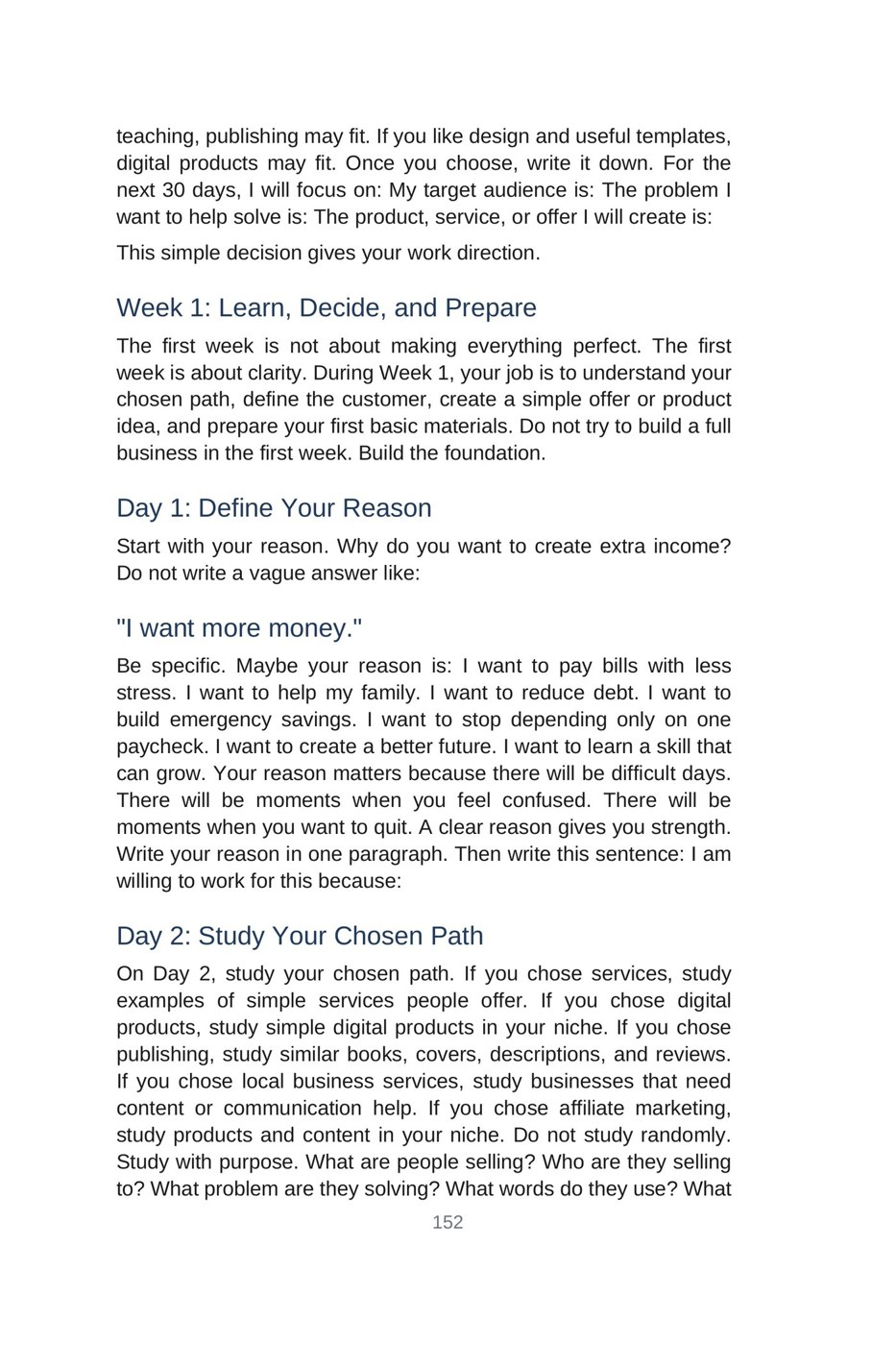 Make Money with AI for Beginners — interior spread: Week 1 — Choose your path (p. 152)