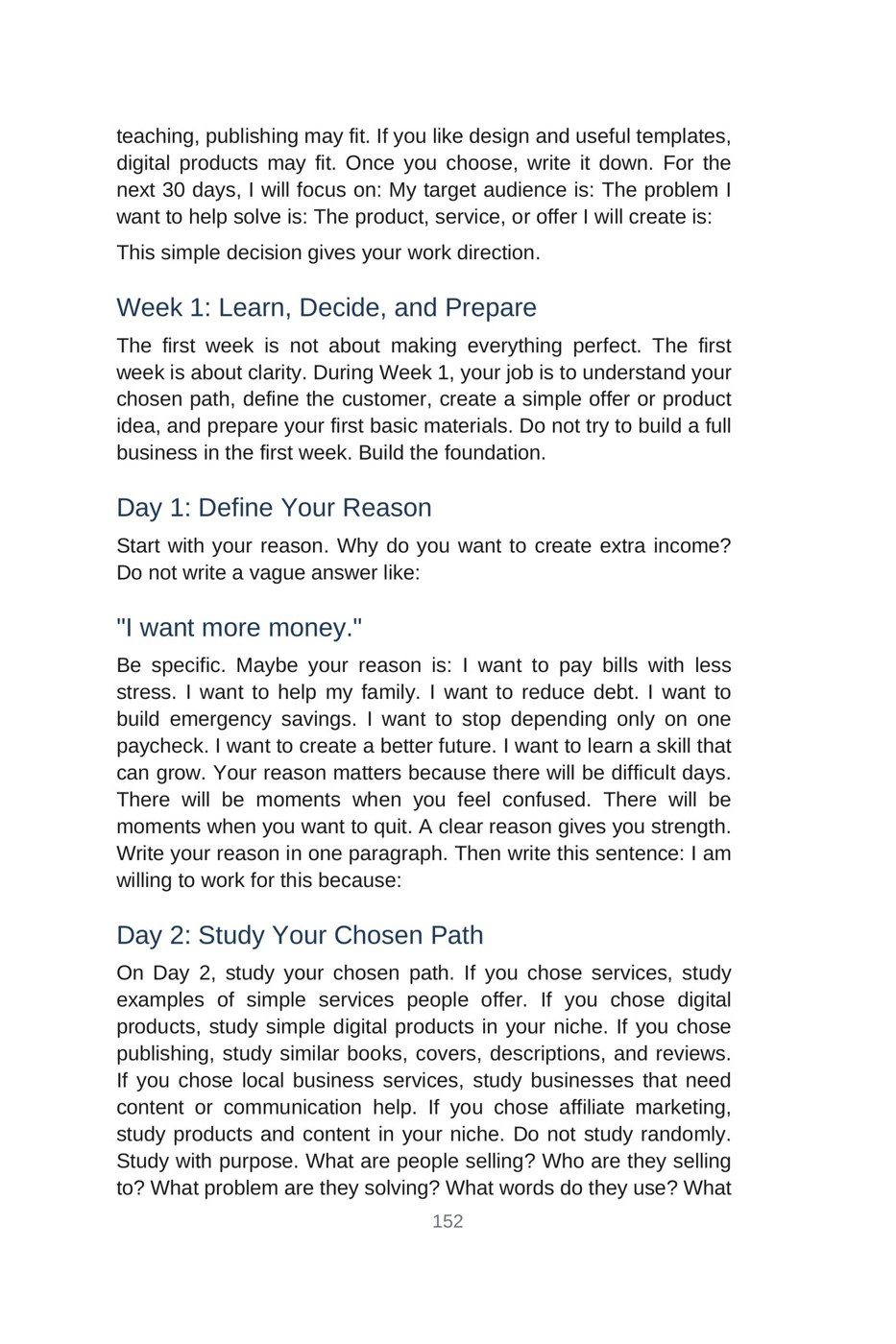 Make Money with AI for Beginners — interior spread: Week 1 — Choose your path (p. 152)