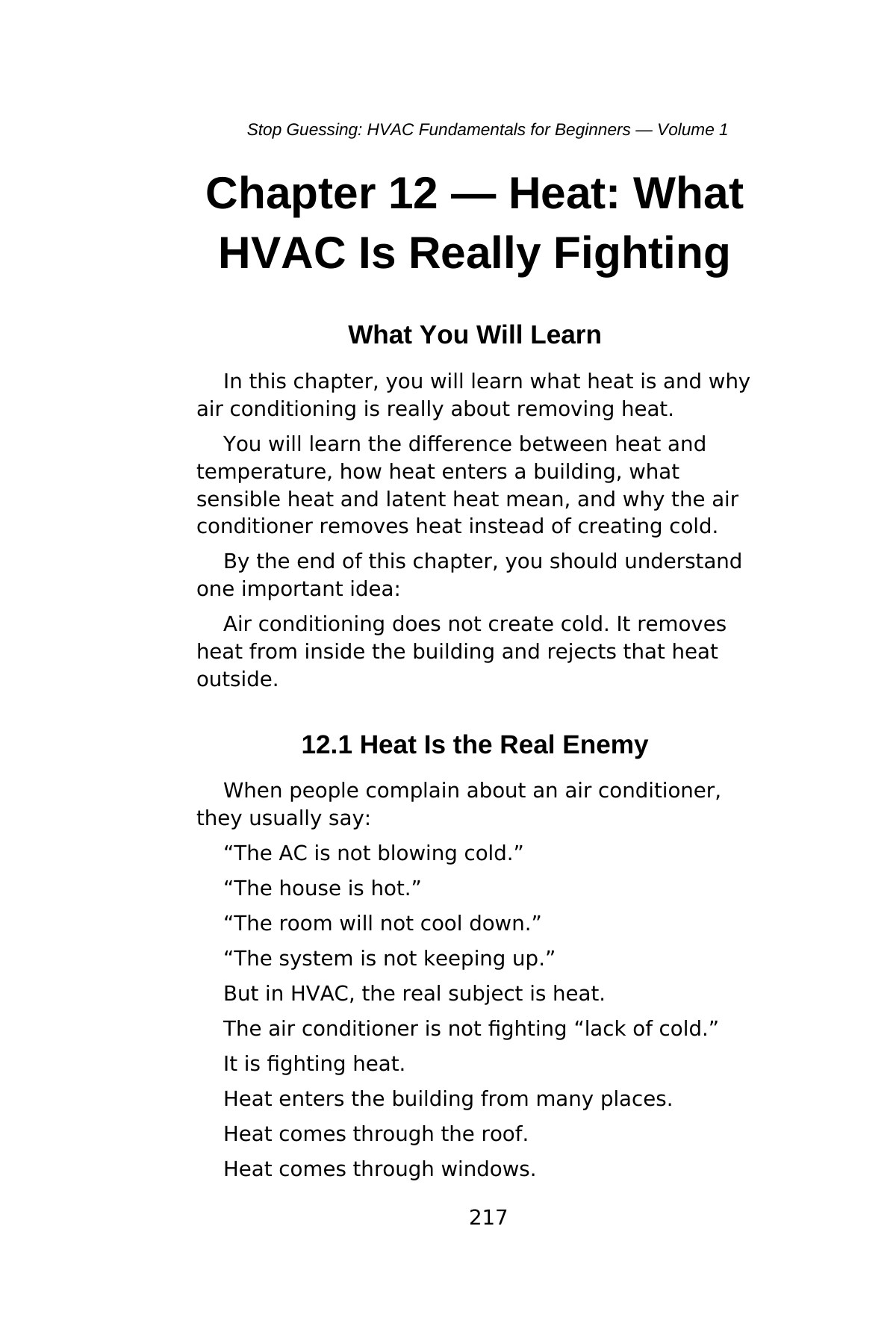 Stop Guessing: HVAC Fundamentals for Beginners — Volume 1 — interior spread: Chapter 12 — Heat: What HVAC Is Really Fighting