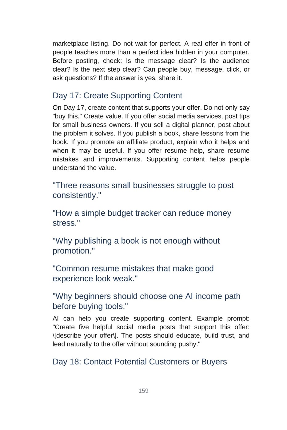 Make Money with AI for Beginners — interior spread: Week 3 — Days 17–18: publish and reach out (p. 159)