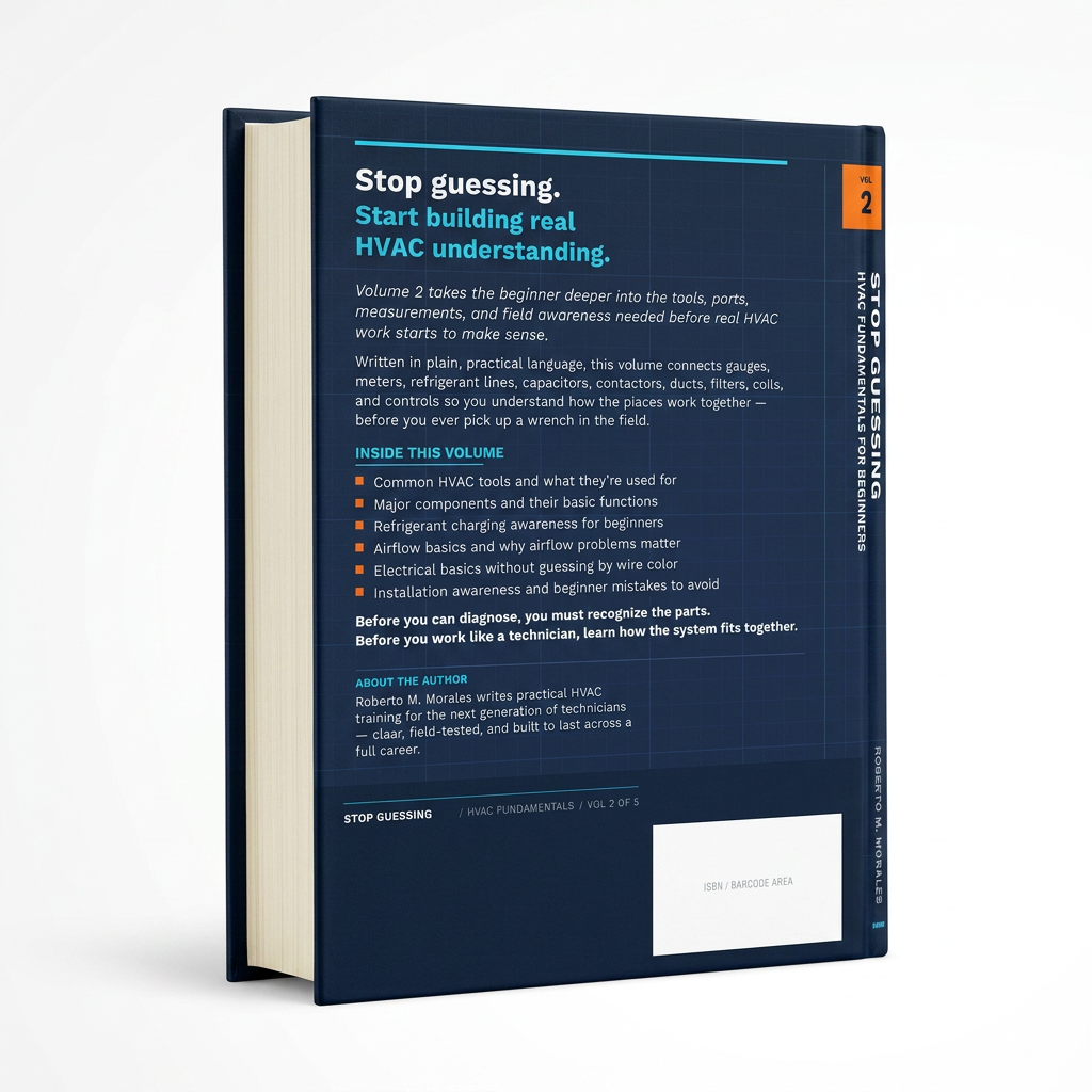 Printed edition of Stop Guessing: HVAC Fundamentals for Beginners — Volume 2 — back 3/4 angle
