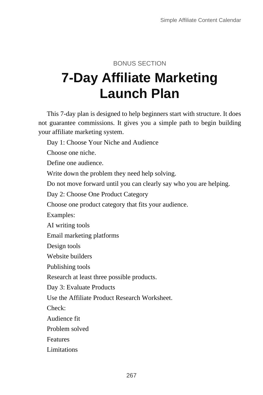 AI Affiliate Marketing for Beginners — interior spread: 7-day launch plan