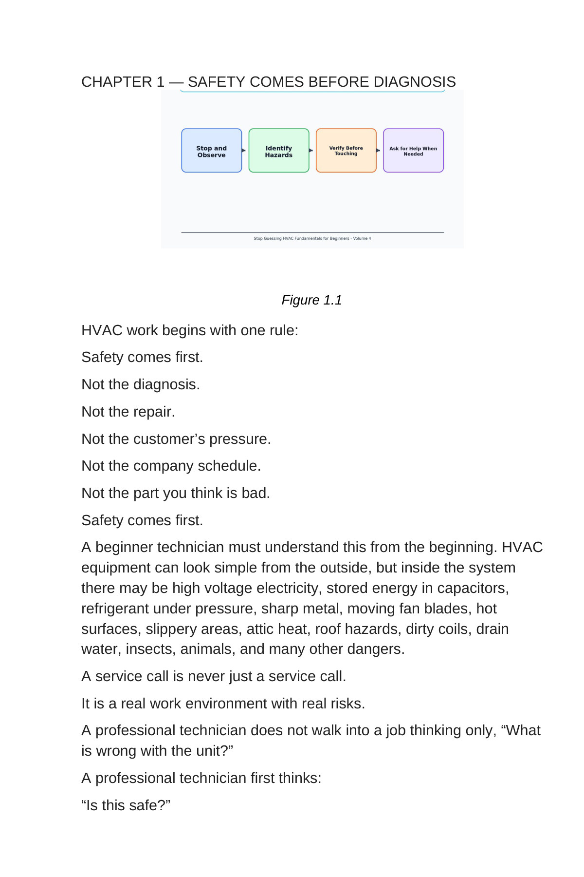 Stop Guessing: HVAC Fundamentals for Beginners — Volume 4 — interior spread: Chapter 1 — Safety Comes Before Diagnosis