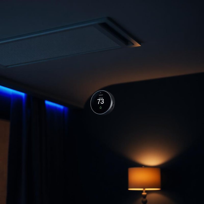 Cinematic modern home interior with smart HVAC vents