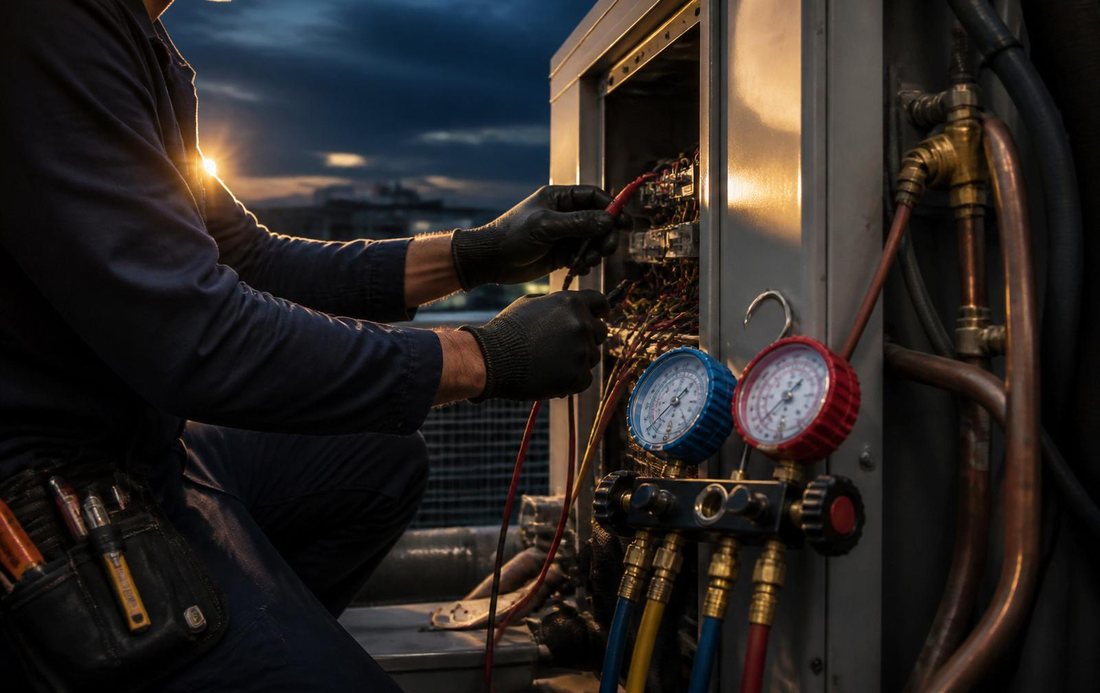 Roberto's world — a technician diagnosing a modern commercial HVAC unit at dusk with manifold gauges and electrical probes
