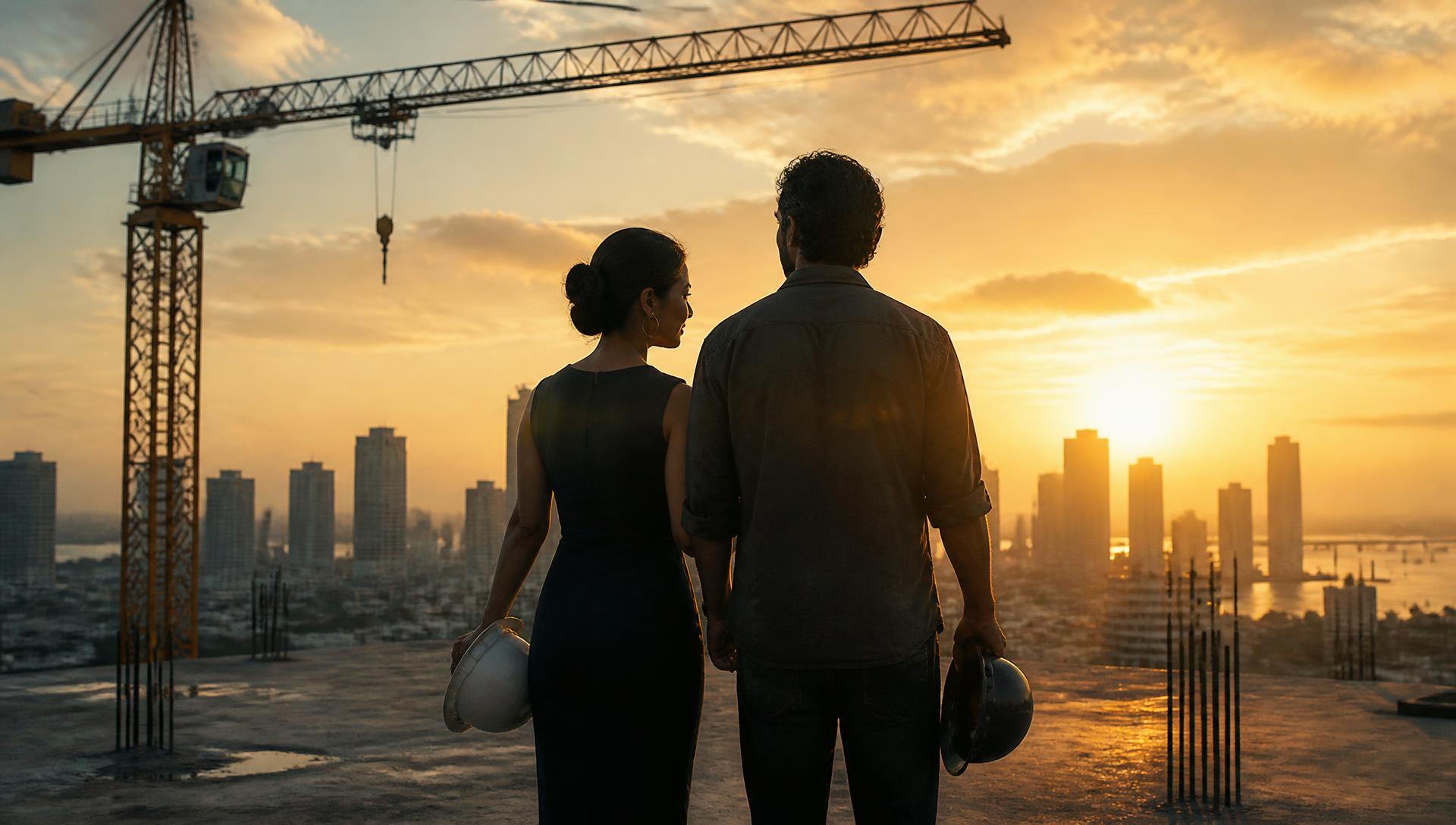 Rafa and Elena on an unfinished rooftop at sunrise, overlooking the Miami skyline
