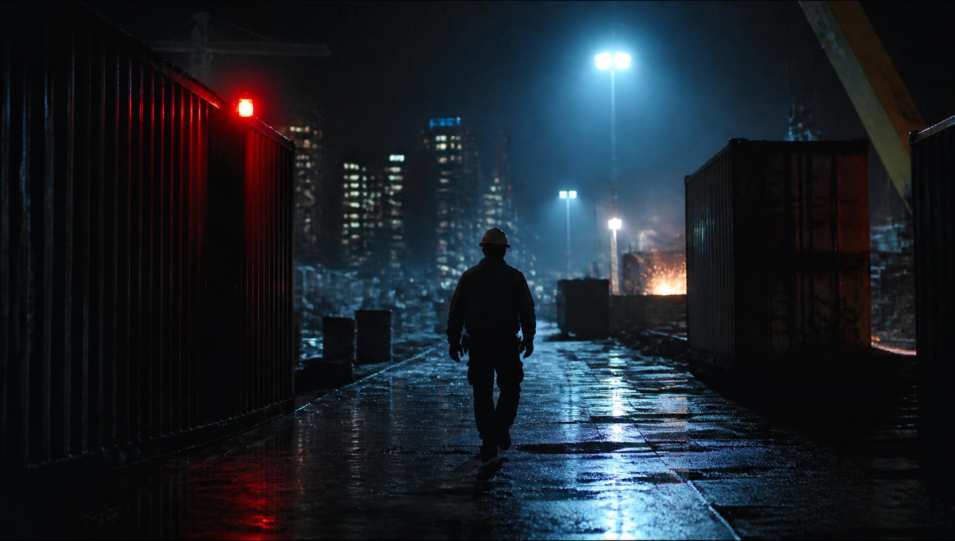 Night on the Miami job site — floodlights, wet concrete, a lone figure walking away