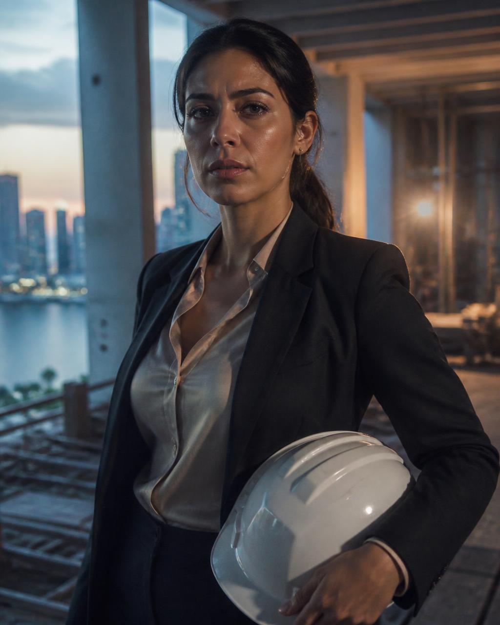 Elena Torres, project manager, standing in an unfinished Miami tower at dusk