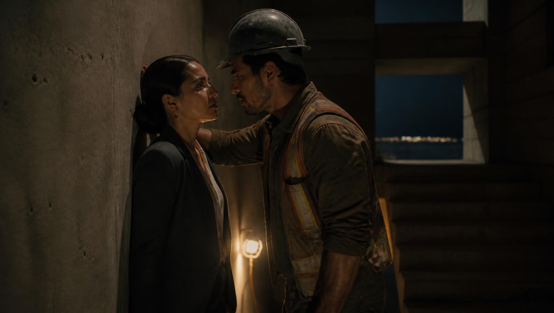 Rafa and Elena alone in a dim stairwell, inches apart, neither one moving