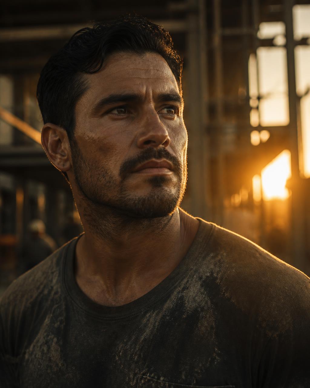 Rafa Cruz, construction superintendent, backlit by golden-hour sun on the job site