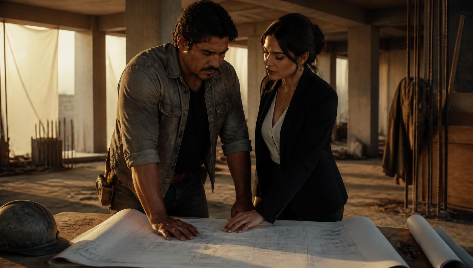 Rafa and Elena leaning over blueprints together on a Miami construction site at golden hour